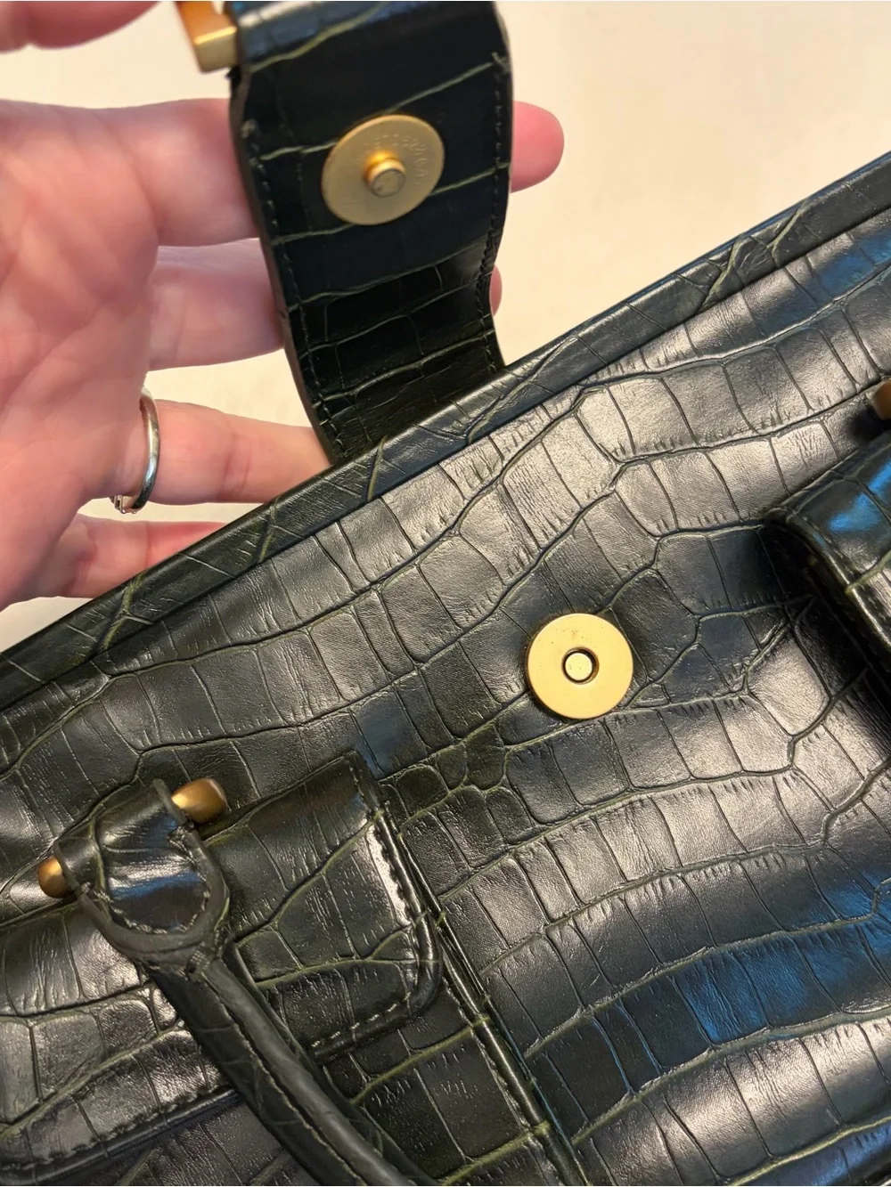New York & Company Faux Crocodile Top-Handle Bag in Dark Green w/ Gold Hardware